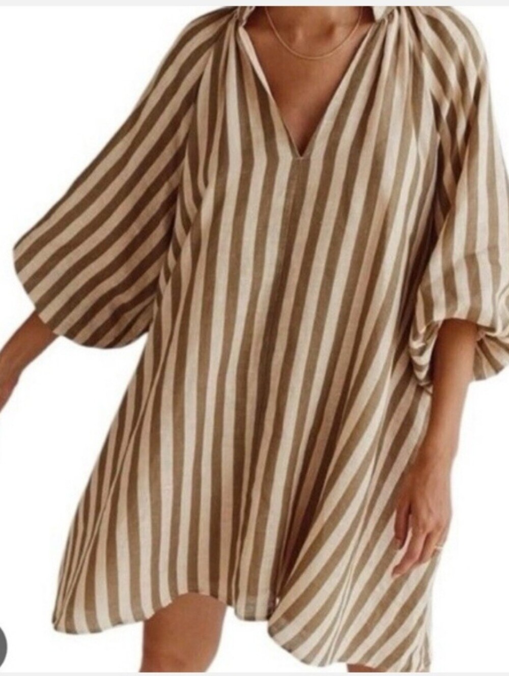 Magashoni Striped V-Neck Balloon Sleeve Dress - Beige & Cream,Size S.